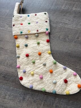 Kids Cream Sherpa Stocking with Multicolor Pom Poms